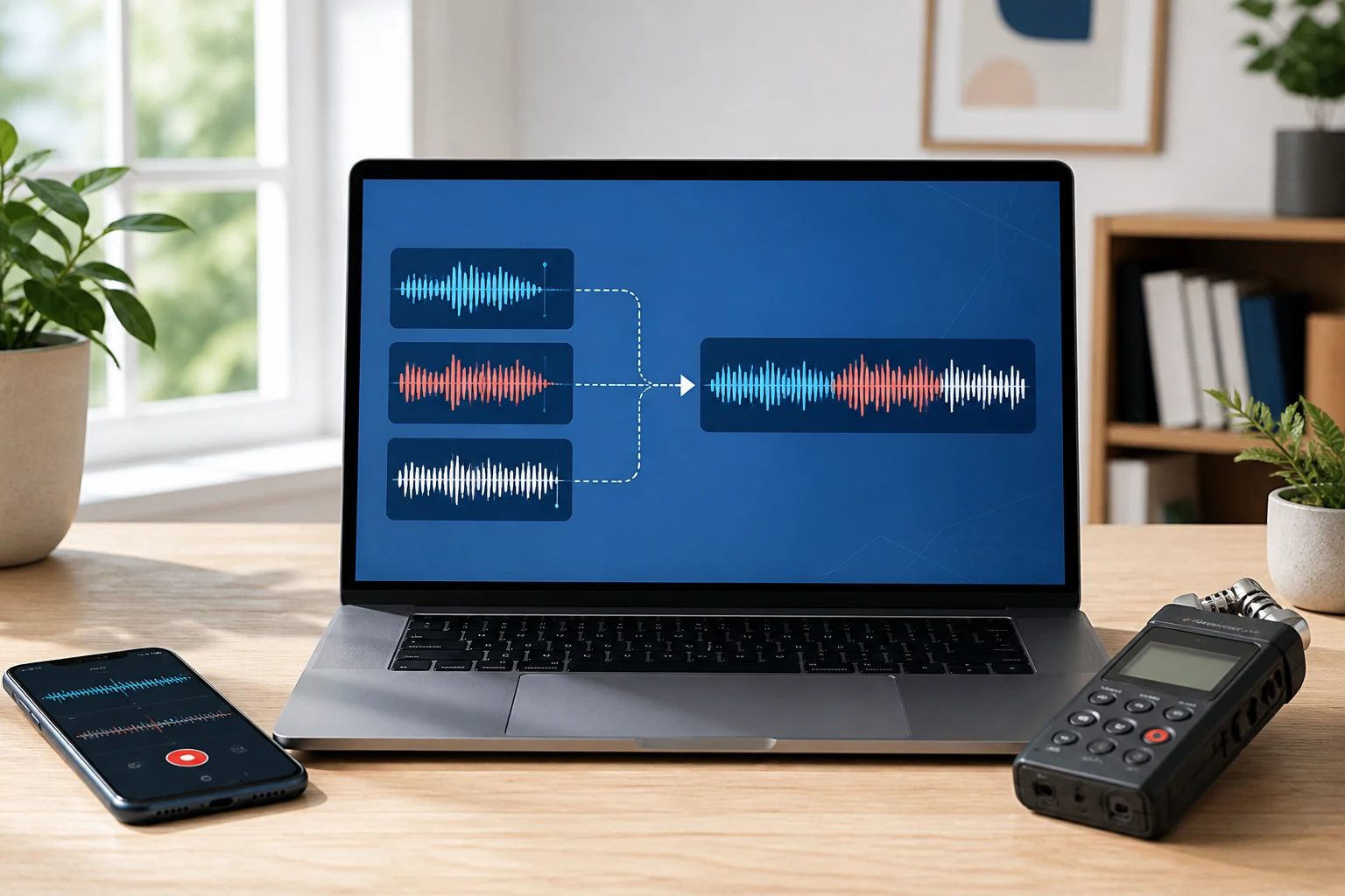 Three phone voice memo waveforms arranged into one ordered output