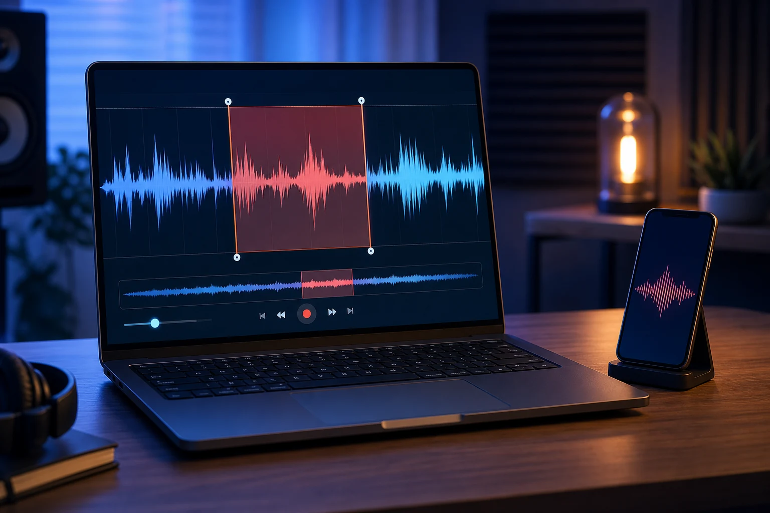 Laptop showing a selected audio waveform beside a phone for a custom ringtone workflow