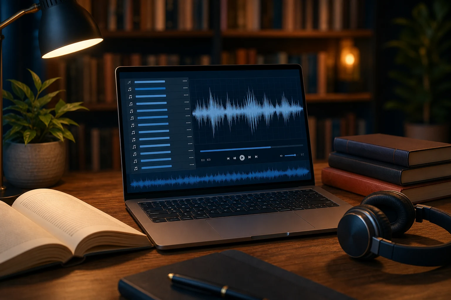 Laptop showing an ordered list of audiobook chapters and a continuous audio waveform