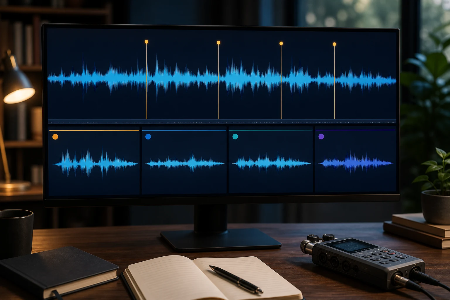 Long audio waveform divided by chapter markers into four ordered outputs
