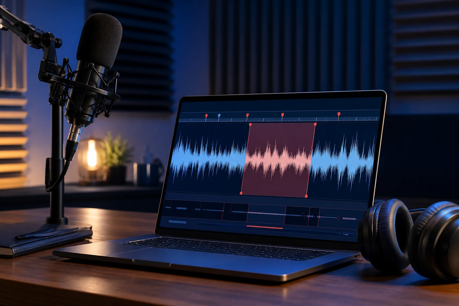 Podcast microphone and laptop showing a selected spoken-word waveform