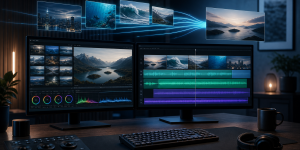 Editorial illustration of several video clips, audio tracks, and subtitle tracks merging into one video