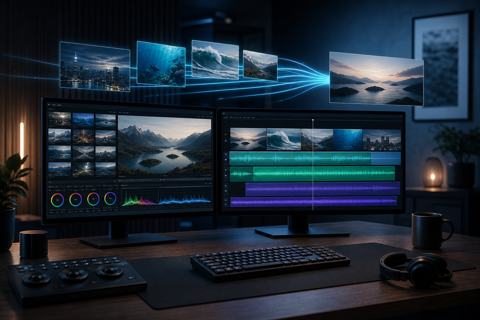 Several videos and media tracks merging into one Windows video project