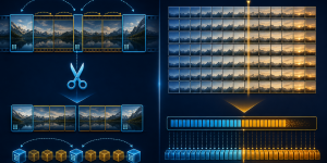 Technical illustration comparing keyframe-based smart cutting with frame-accurate video encoding